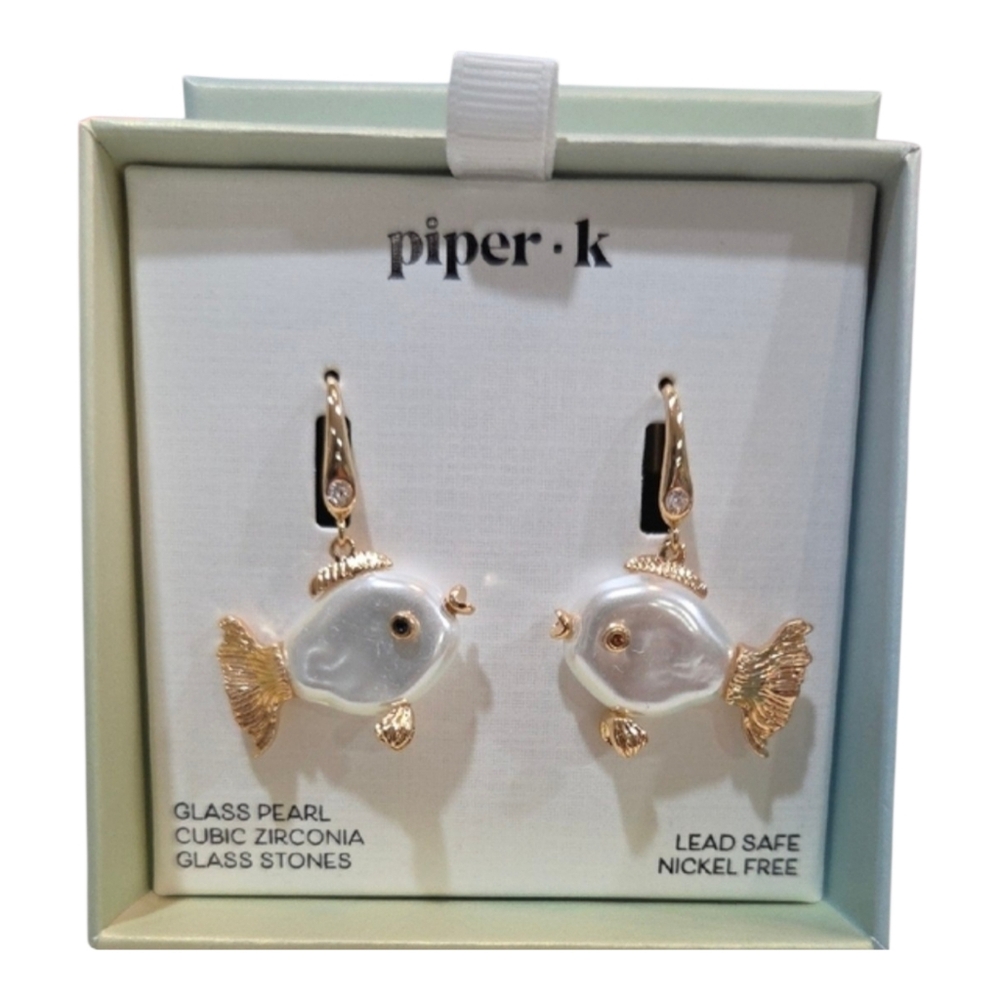 🤍▪️Piper K ▪️cubic Zirconia Gold glass Pearl / Stones Fish-Shaped Earrings